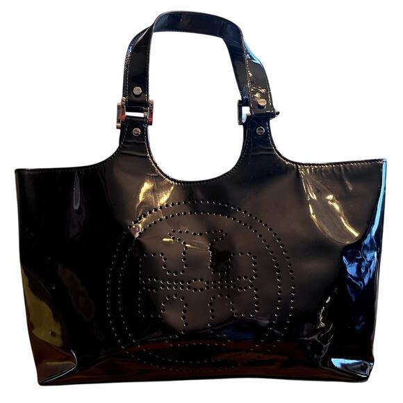Vtg Tory Burch Perforated Logo Patent Tote Bag Purse Black Career Work Carry All - Picture 1 of 13
